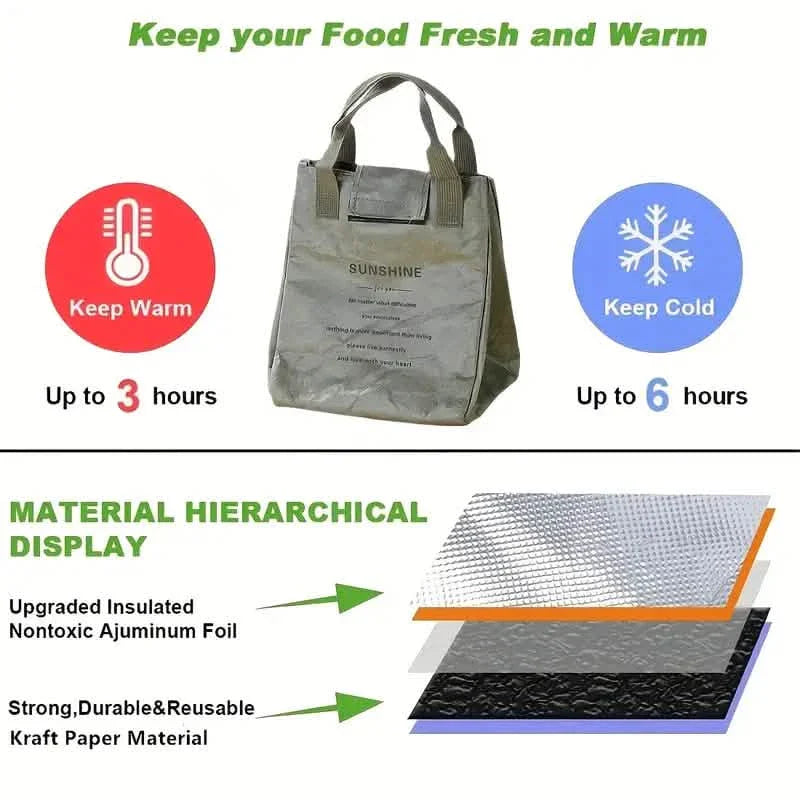 Gray insulated paper bento bag with top handles and front flap pocket