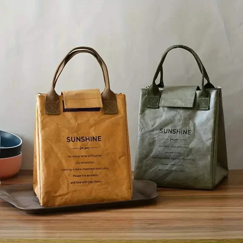 Brown insulated paper bento bag with top handles and front flap pocket
