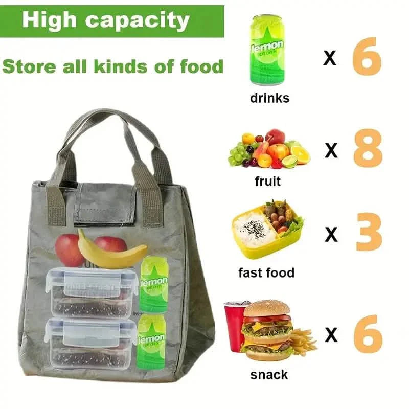Gray insulated paper bento bag with top handles and front flap pocket