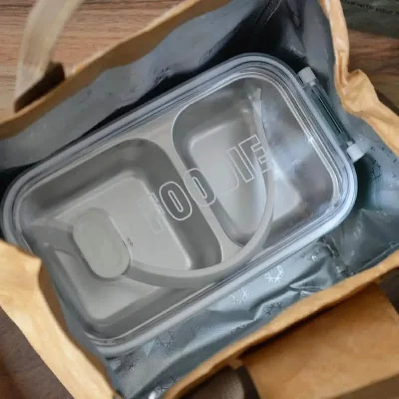 Gray insulated paper bento bag with clear inner food container and lid