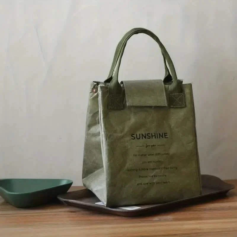 Green insulated paper bento bag with top handles and front flap pocket