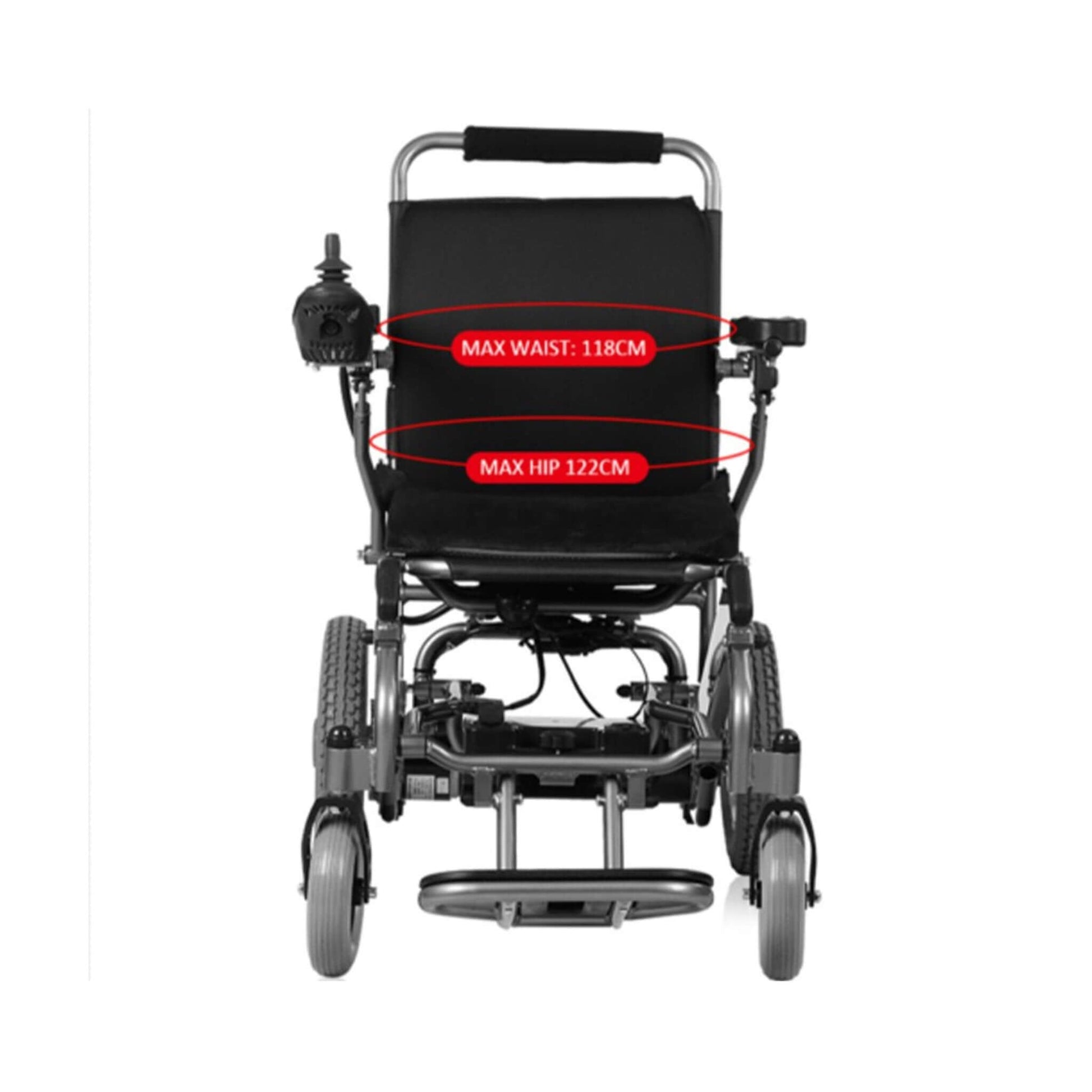 Wheelchair fit diagram with max waist 118cm and max hip 122cm markings