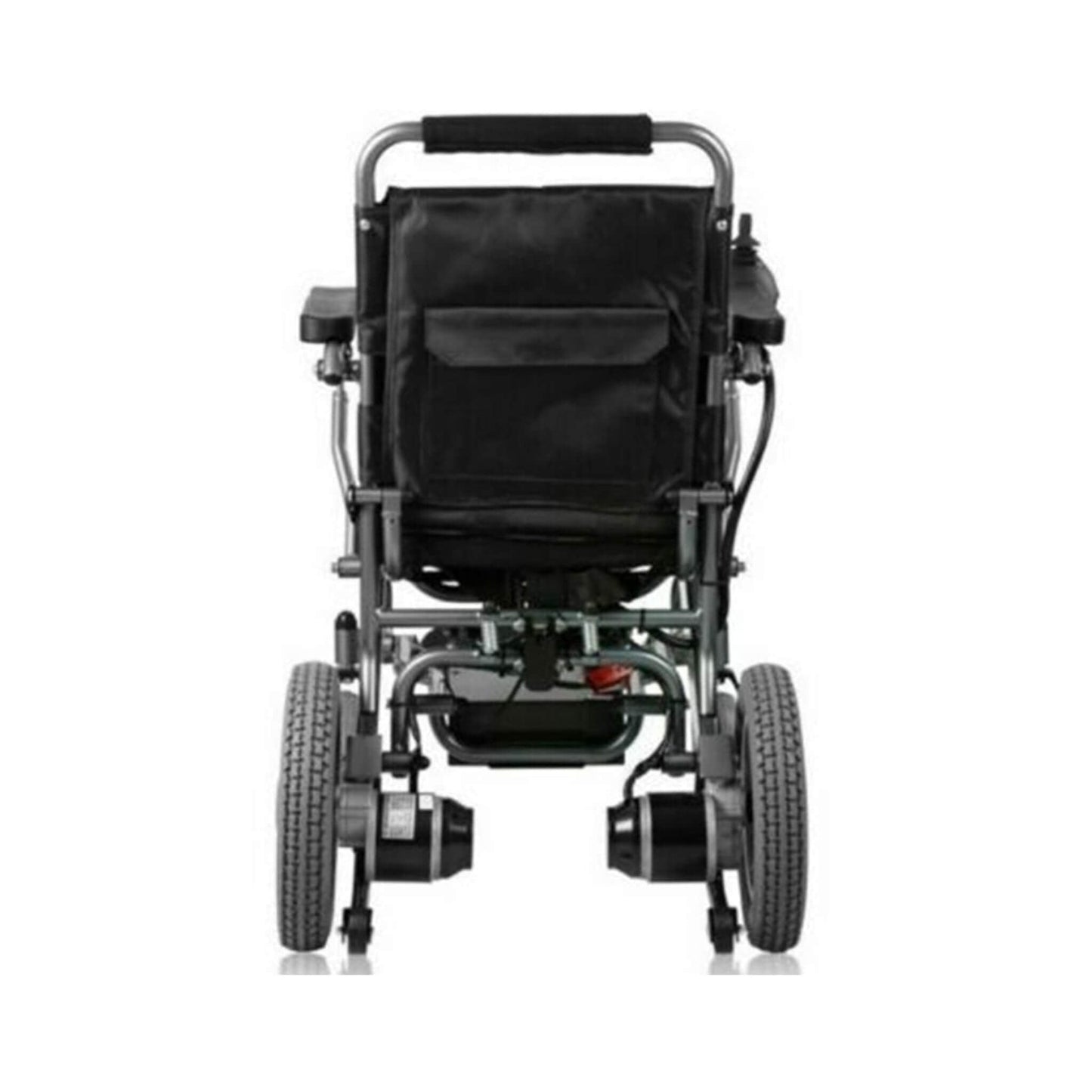 Electric wheelchair rear view with padded seatback and front caster wheels
