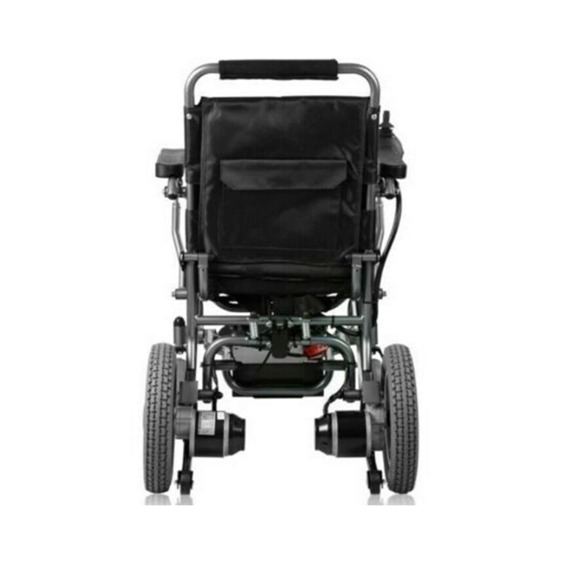 Electric wheelchair rear view with padded seatback and front caster wheels