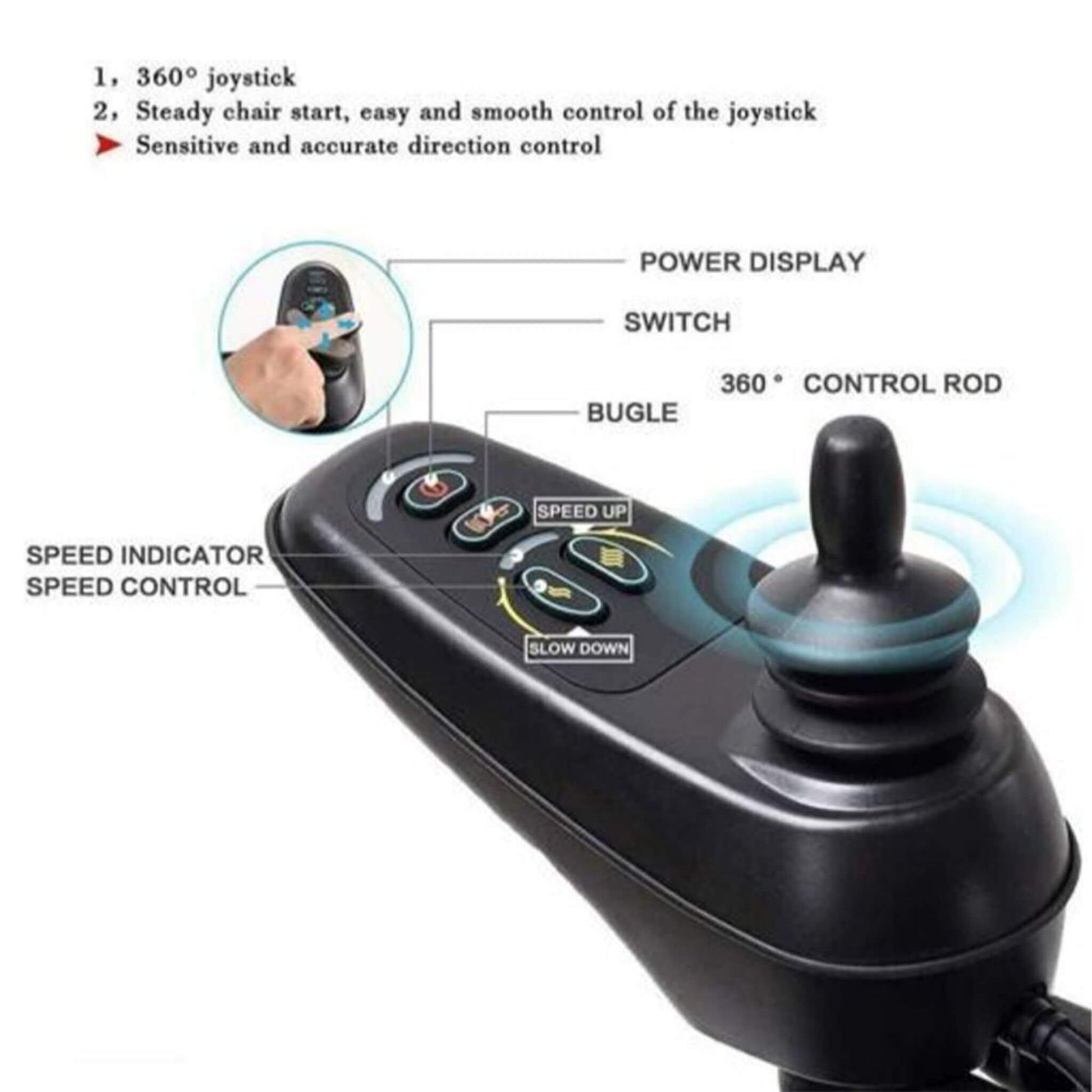 Wheelchair joystick controller with speed indicator and control buttons