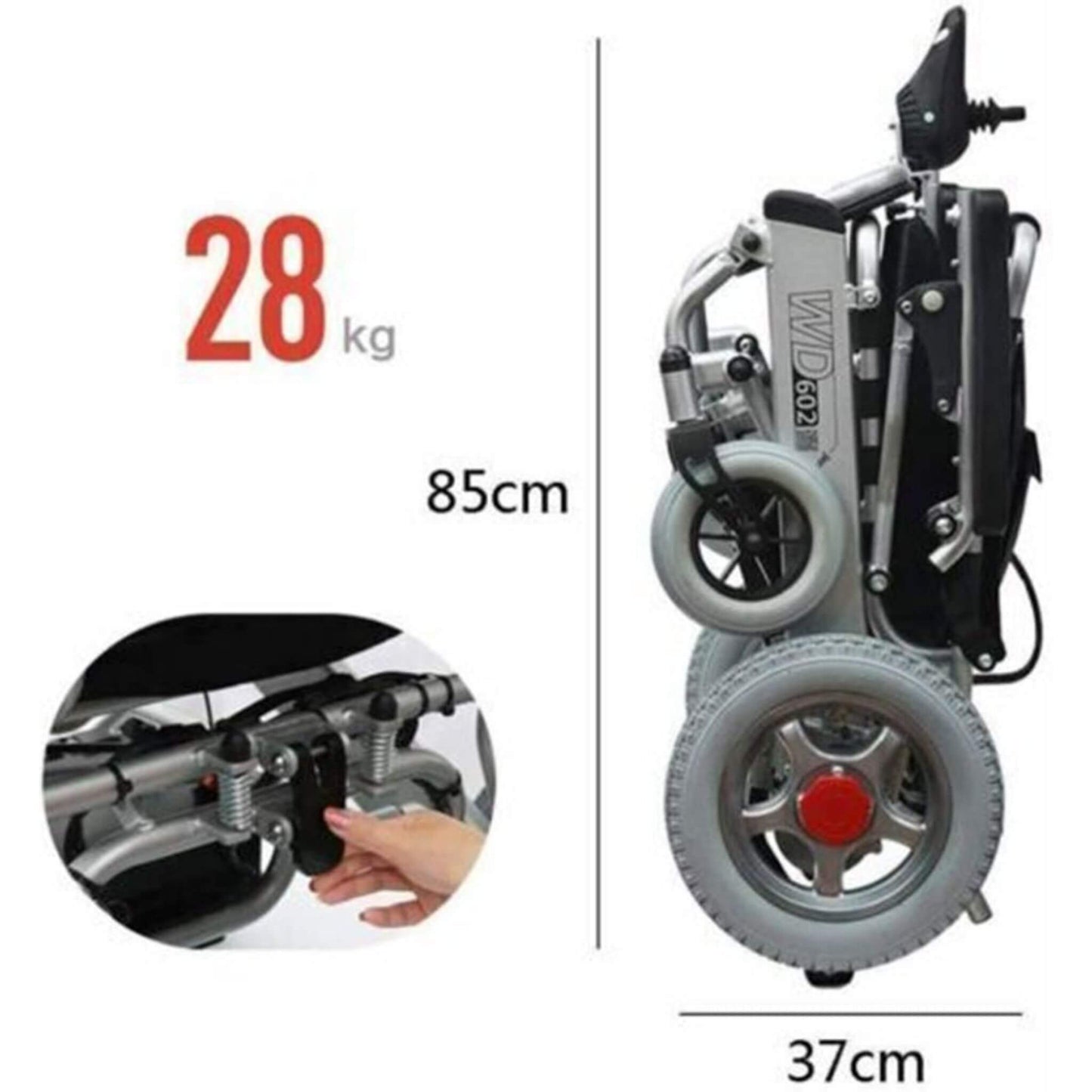 Motorized wheelchair with close-up of hand controls; 28 kg weight, 85 cm height