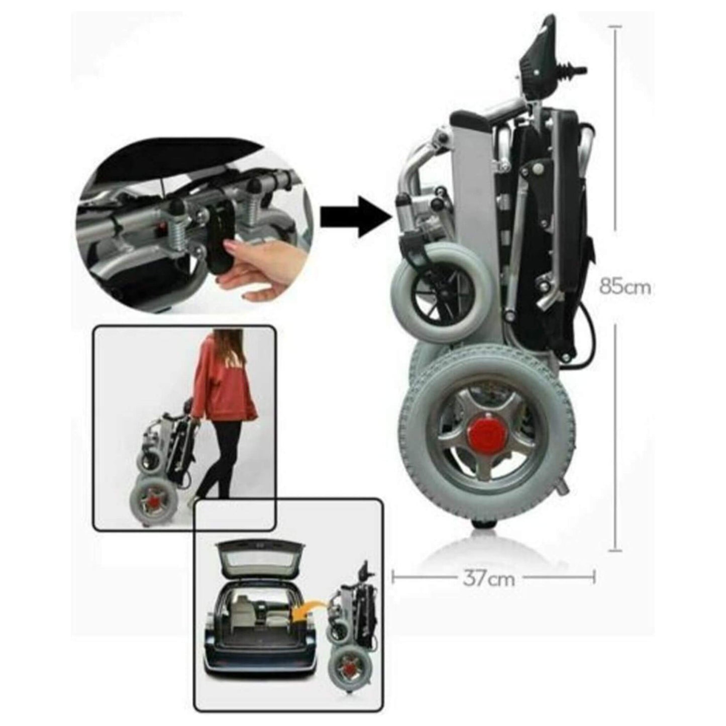Side view of motorized wheelchair with footrest and large wheels; 85 cm height
