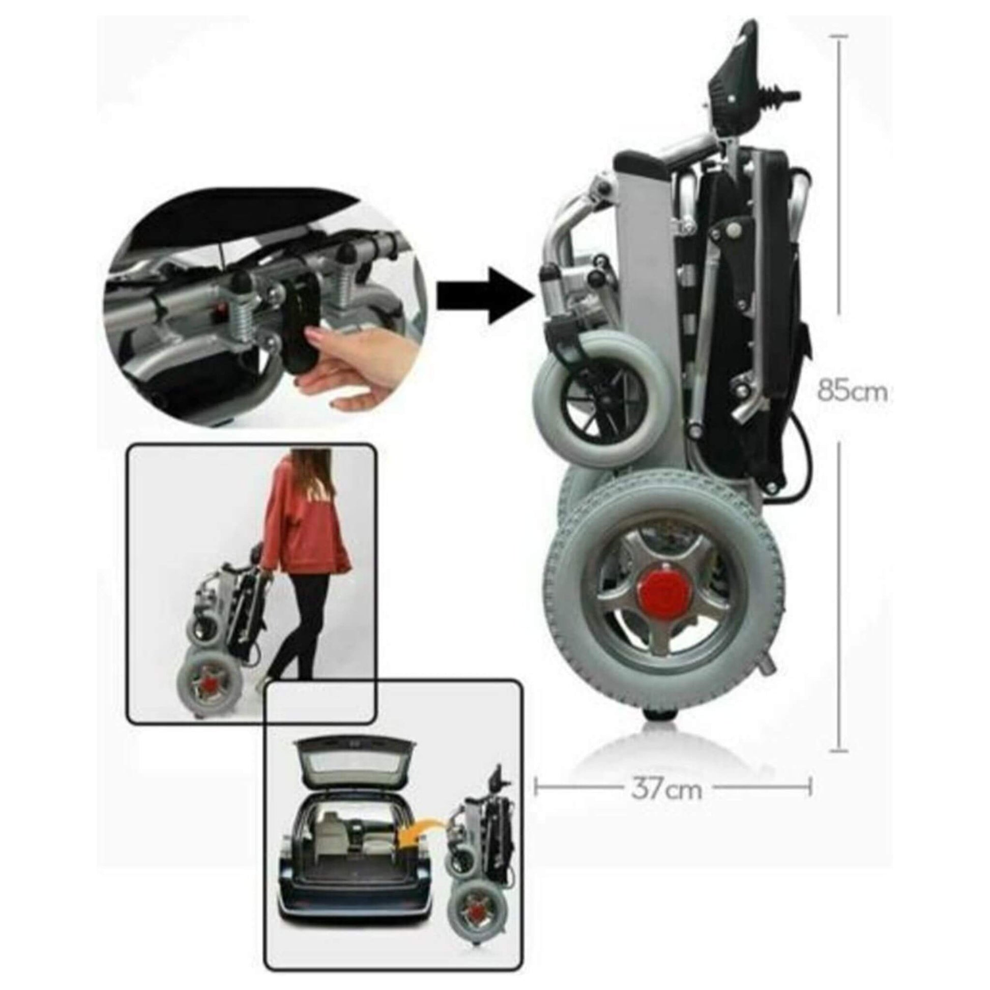 Side view of motorized wheelchair with footrest and large wheels; 85 cm height