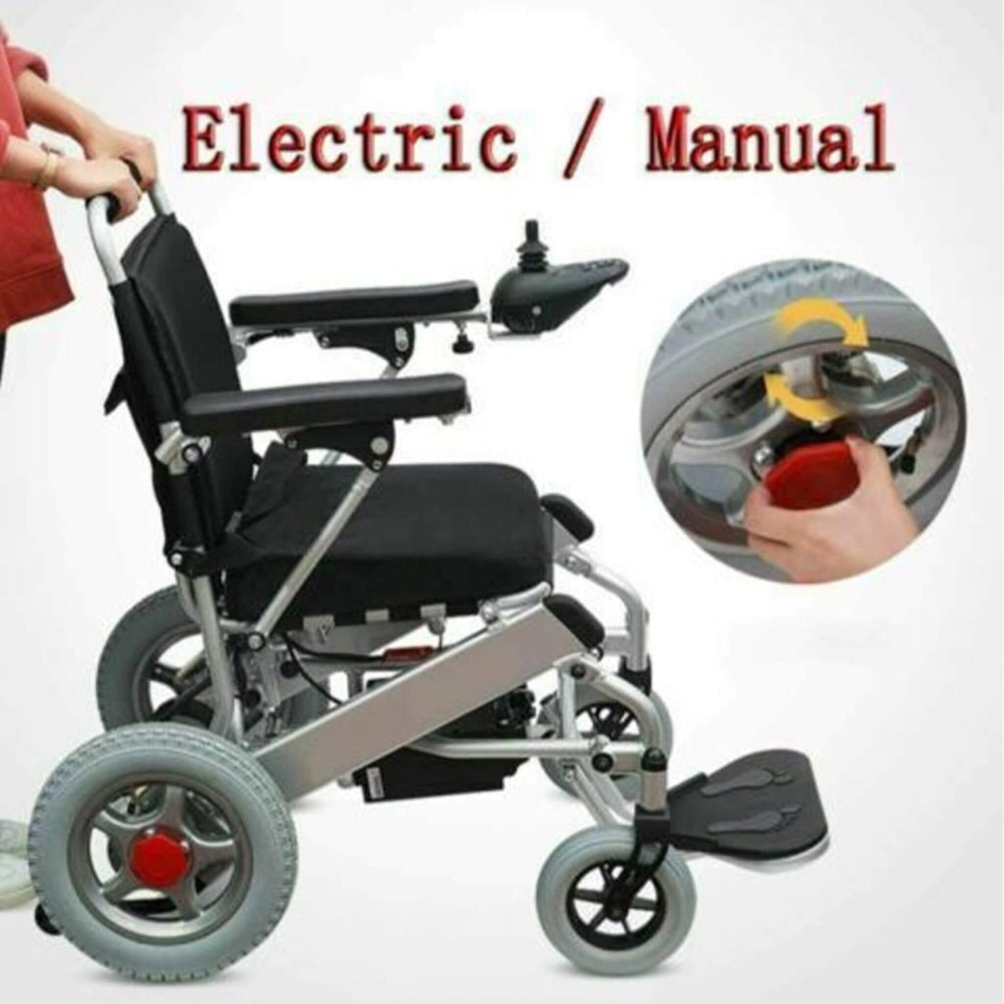 Wheelchair with joystick control and inset showing drive wheel engagement