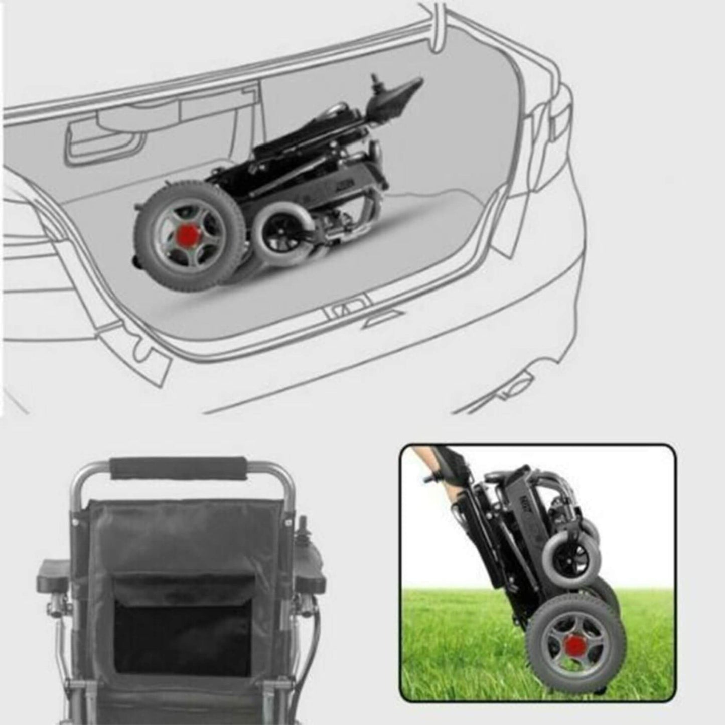 Wheelchair storage/folding diagram showing compact transport orientation