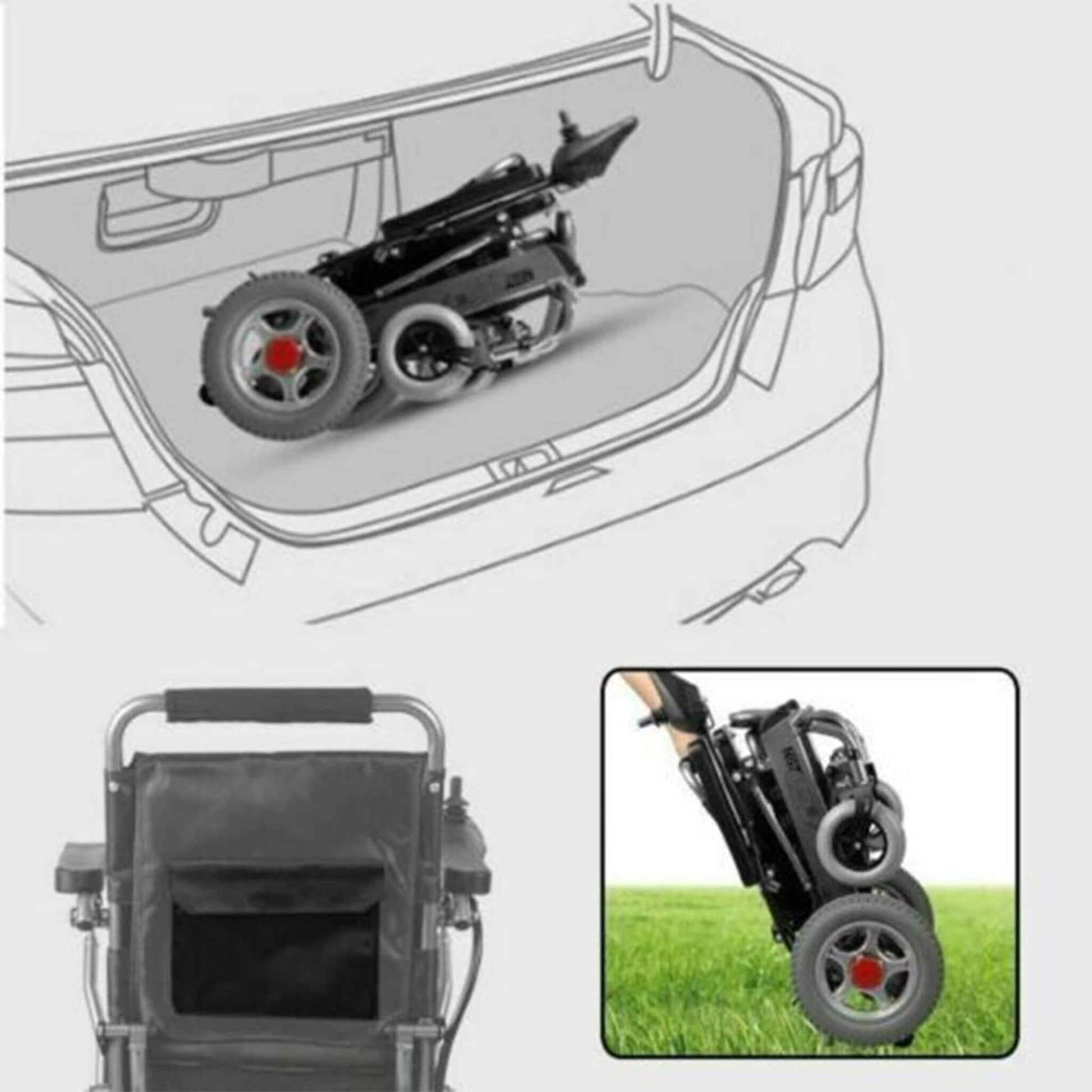 Wheelchair storage/folding diagram showing compact transport orientation