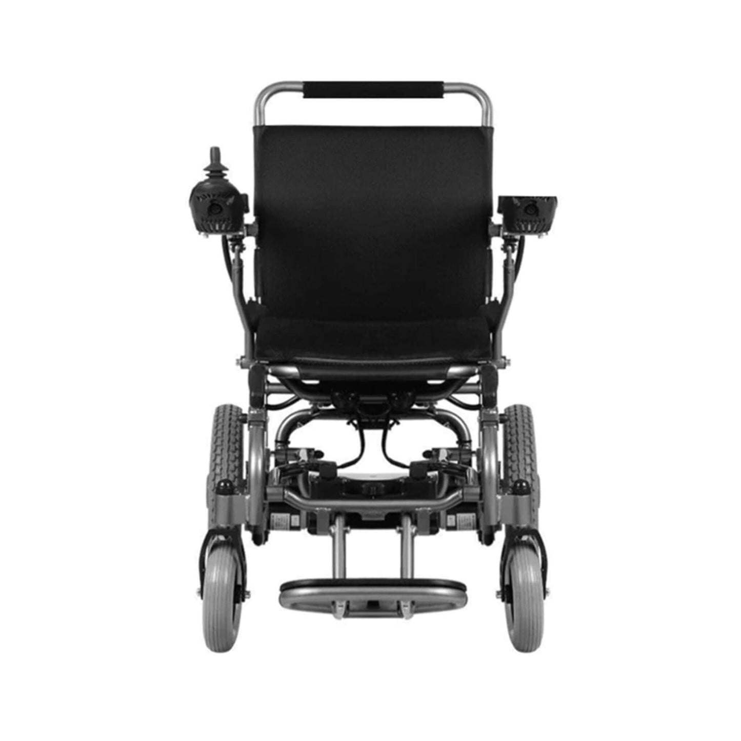 Electric motorized wheelchair, black seat and back with rear wheel drive frame