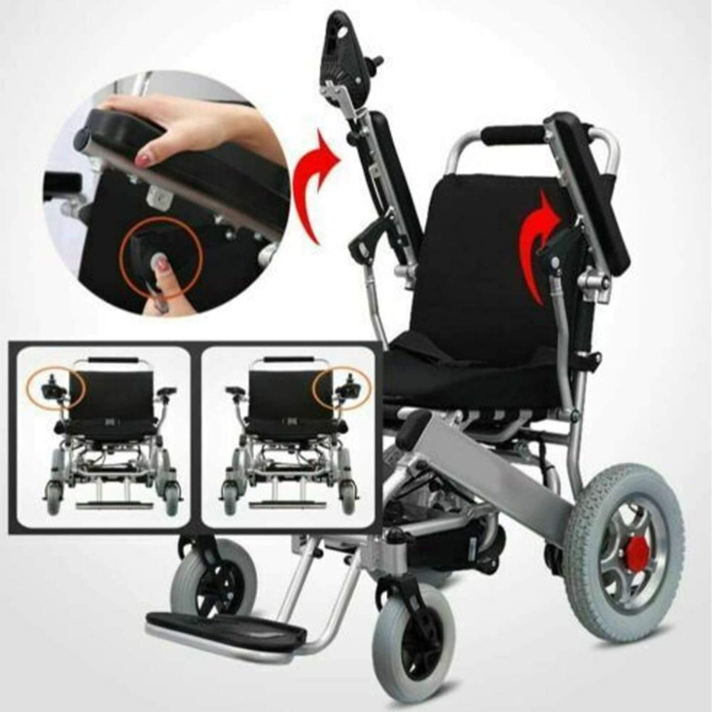 Wheelchair seat adjustment mechanism with arrows showing reclining/position changes