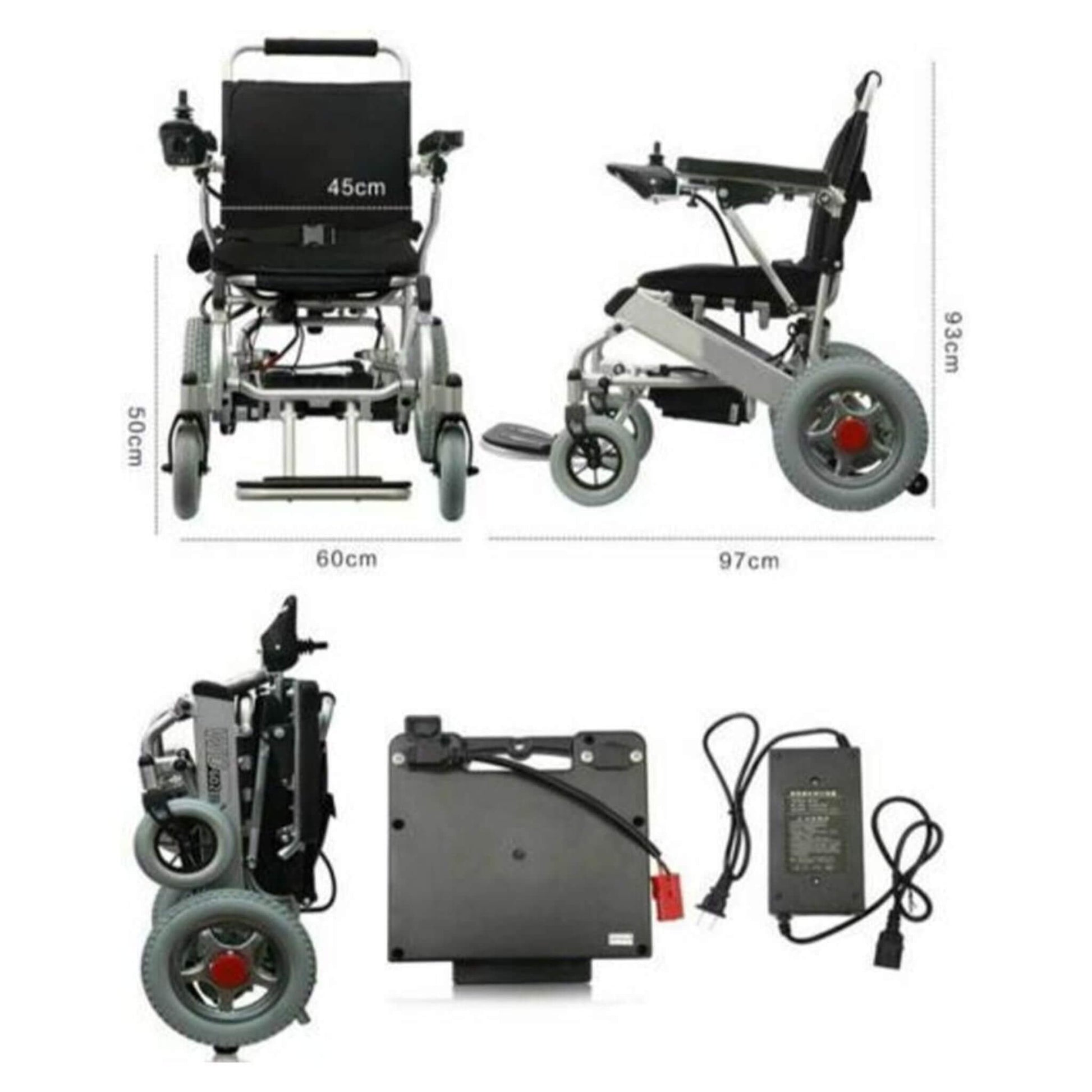 Motorized wheelchair with power adapter/charger; front, side, and rear views