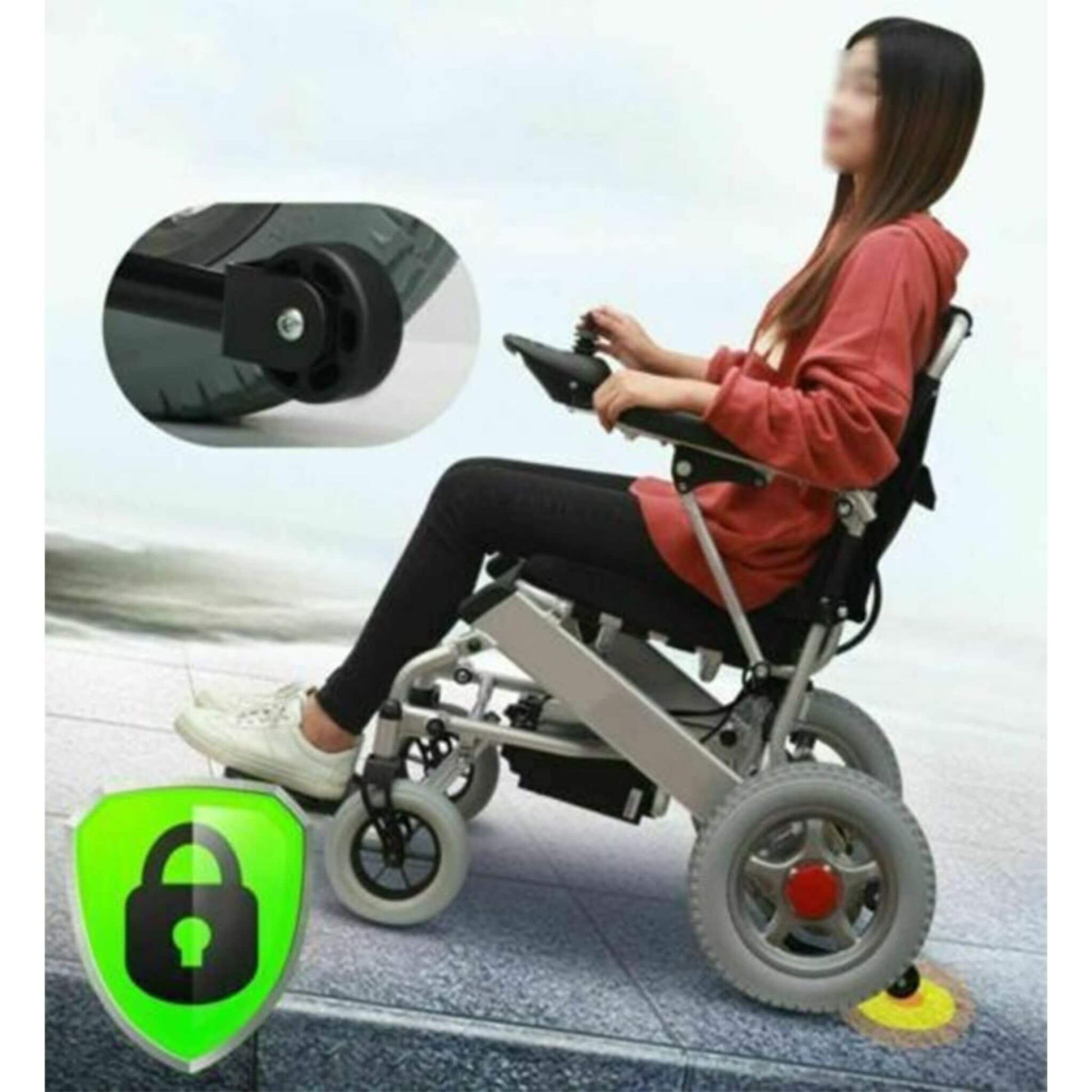 Electric motorized wheelchair with black frame, armrest controls, large front wheels