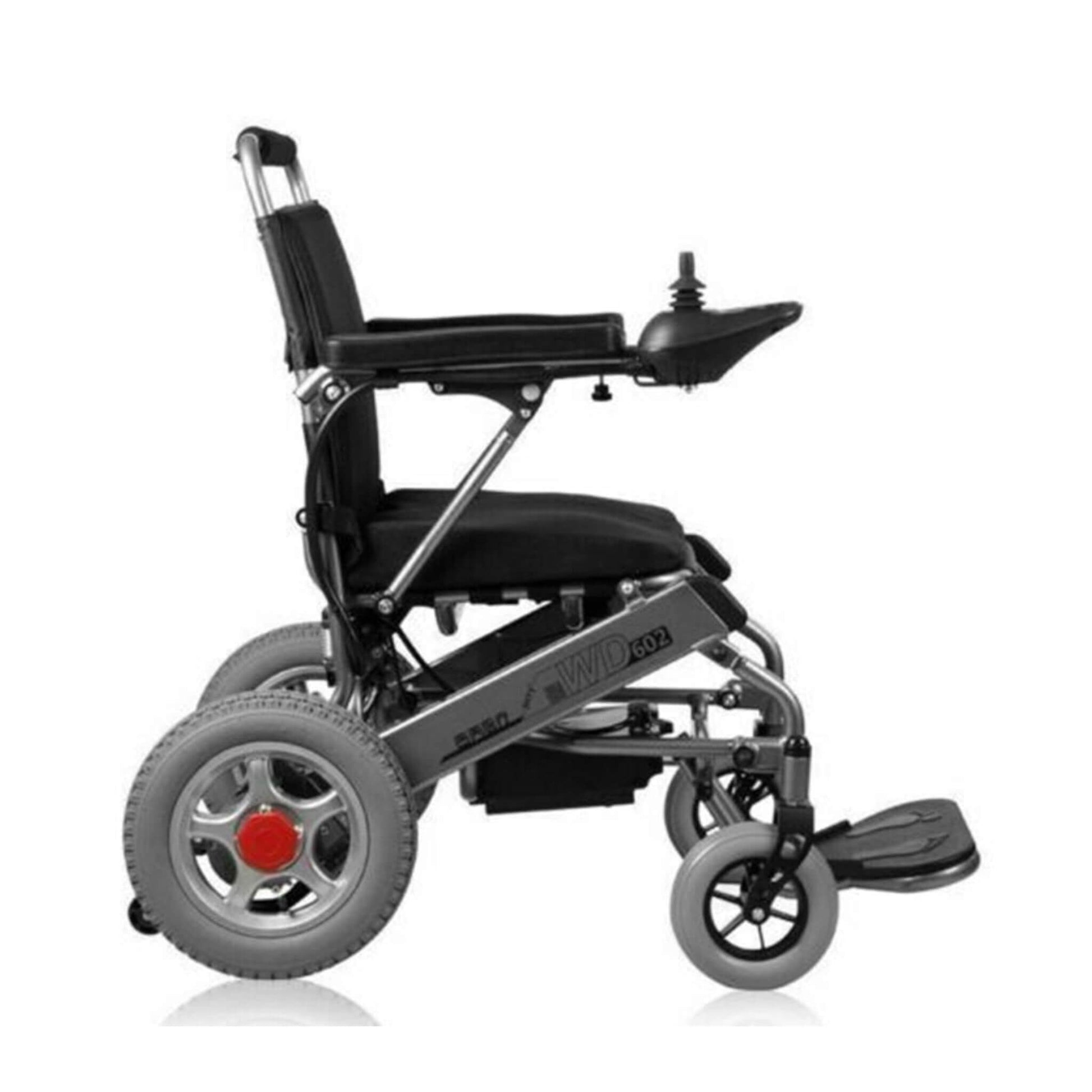 Side view electric wheelchair with padded seat, joystick, and footrest