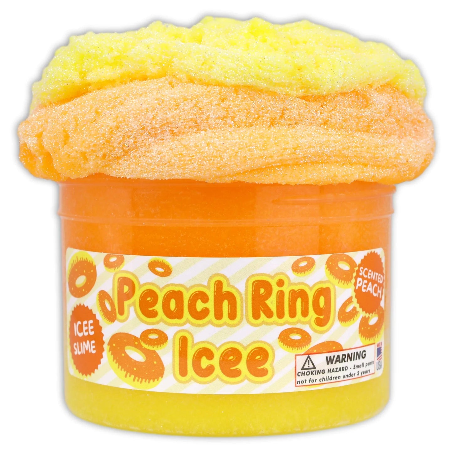 Peach icee slime tub with textured yellow-orange gel top and orange base