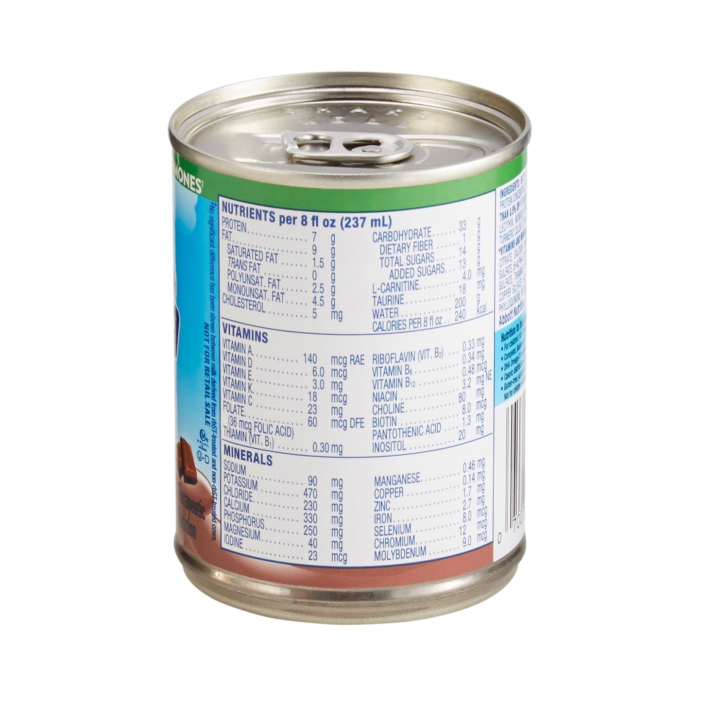 Pediasure Grow & Gain chocolate shake can, nutrition facts per 8 fl oz