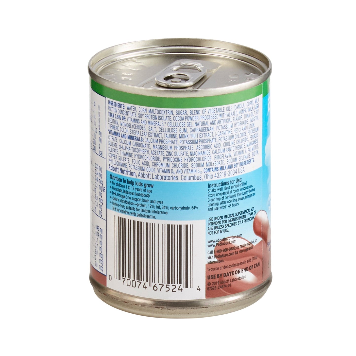 Pediasure Grow & Gain chocolate shake can, ingredients and directions on back