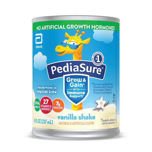 Pediasure Grow & Gain vanilla shake 8 fl oz can, front label