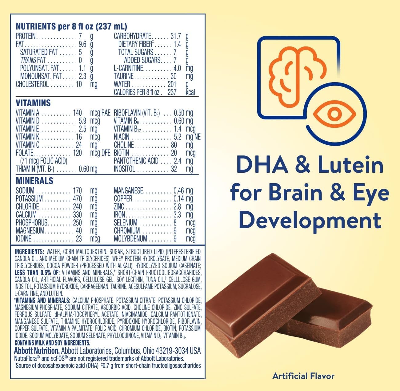 PediaSure Peptide 1.0 chocolate supplement facts panel with DHA & Lutein graphic