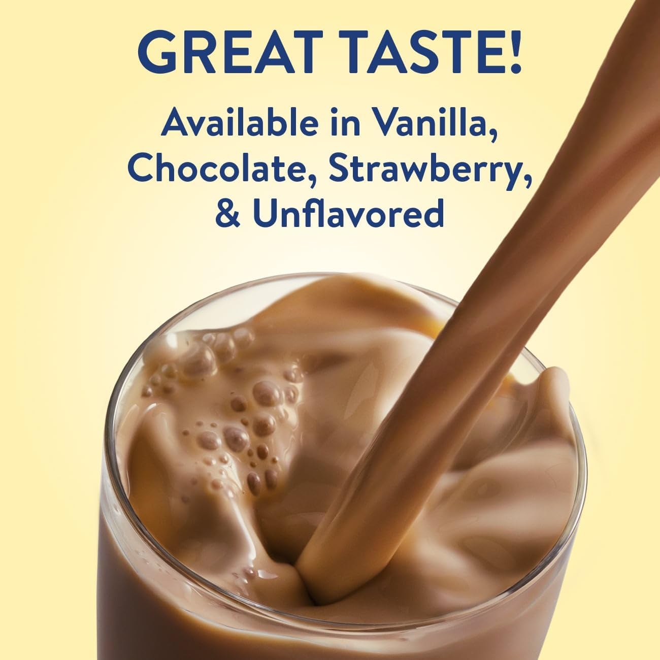 Chocolate nutrition drink, GREAT TASTE; available in vanilla, chocolate, strawberry, unflavored