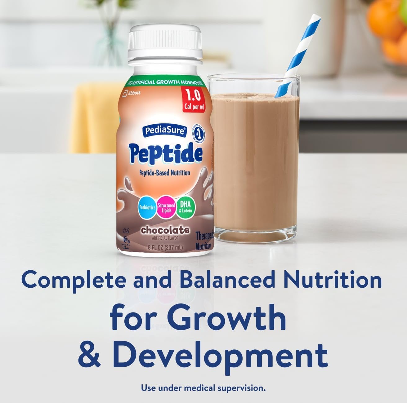 PediaSure Peptide 1.0 chocolate shake bottle with glass, complete balanced nutrition for growth