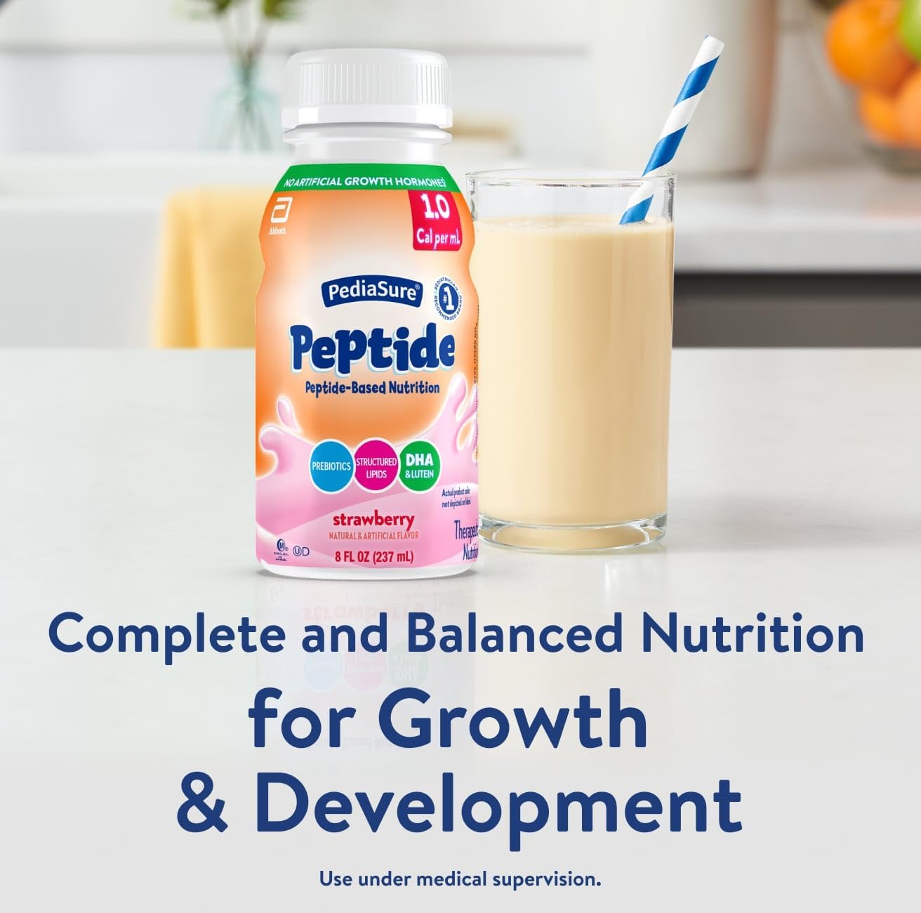 PediaSure Peptide strawberry bottle with glass of ready-to-drink formula