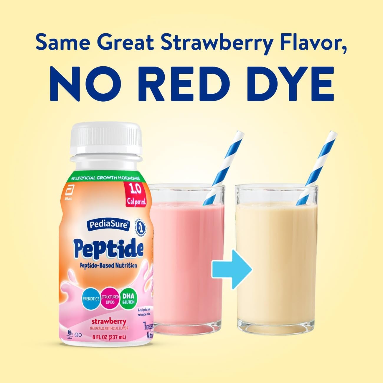 PediaSure Peptide strawberry drink, “No Red Dye” label on front