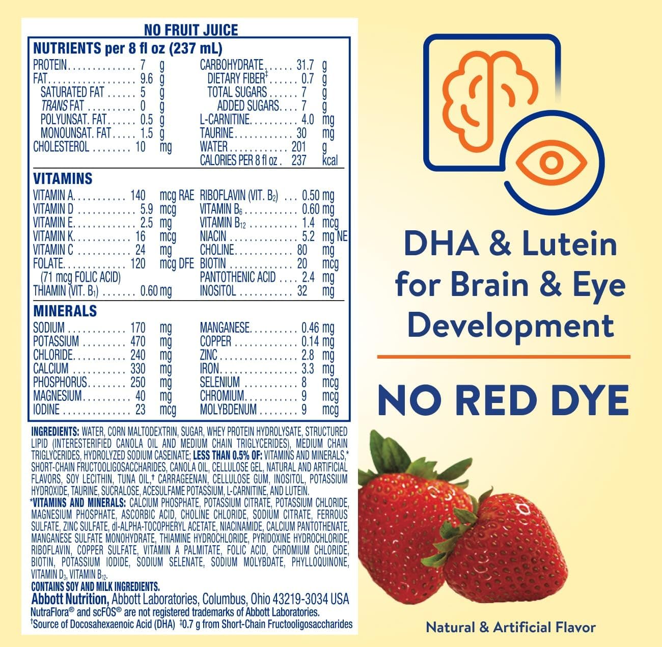 PediaSure Peptide label with “DHA & Lutein for Brain & Eye Development” and No Red Dye