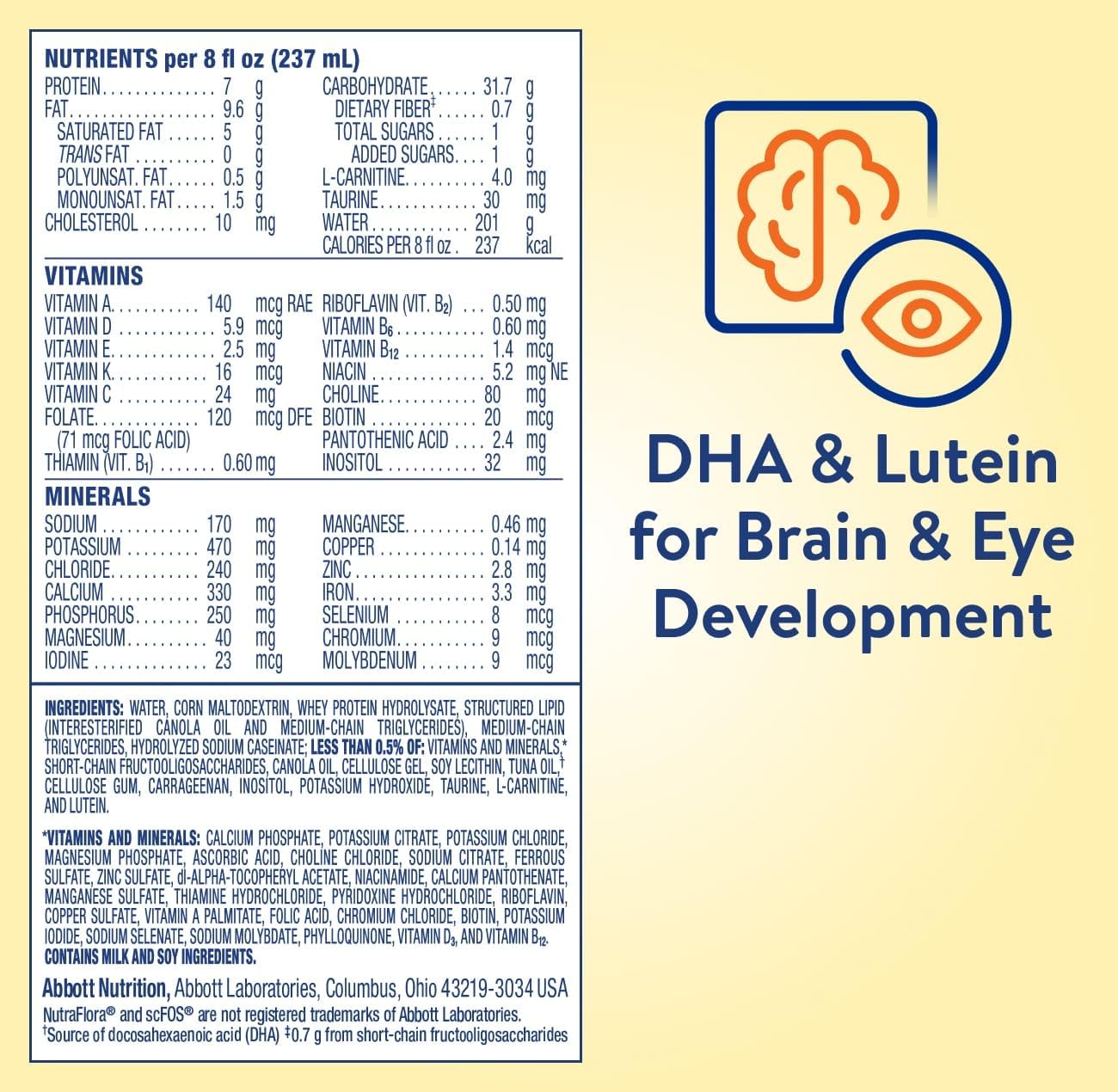 Nutrition facts panel showing DHA & Lutein for brain and eye development