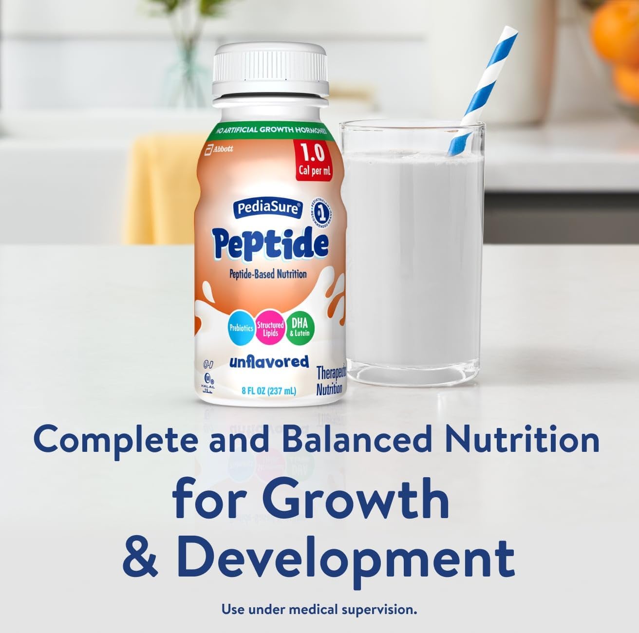 PediaSure Peptide 1.0 Cal unflavored bottle with cap next to a filled drinking glass
