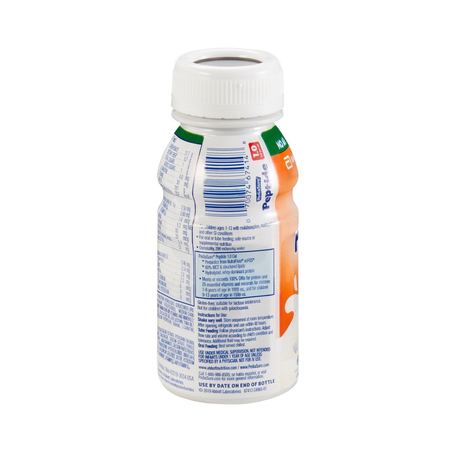 PediaSure Peptide 1.0 Cal unflavored bottle back label with barcode and details