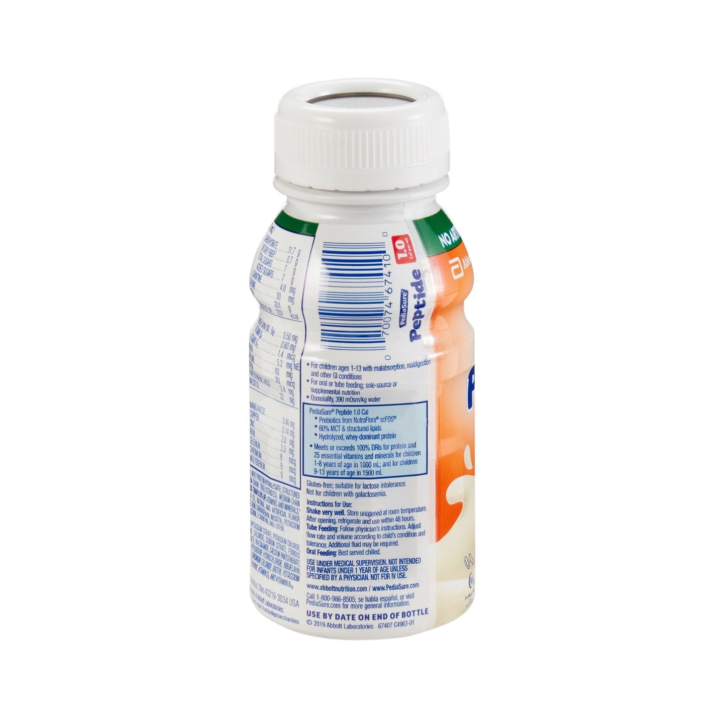 PediaSure Peptide 1.0 Cal vanilla bottle back panel with product information