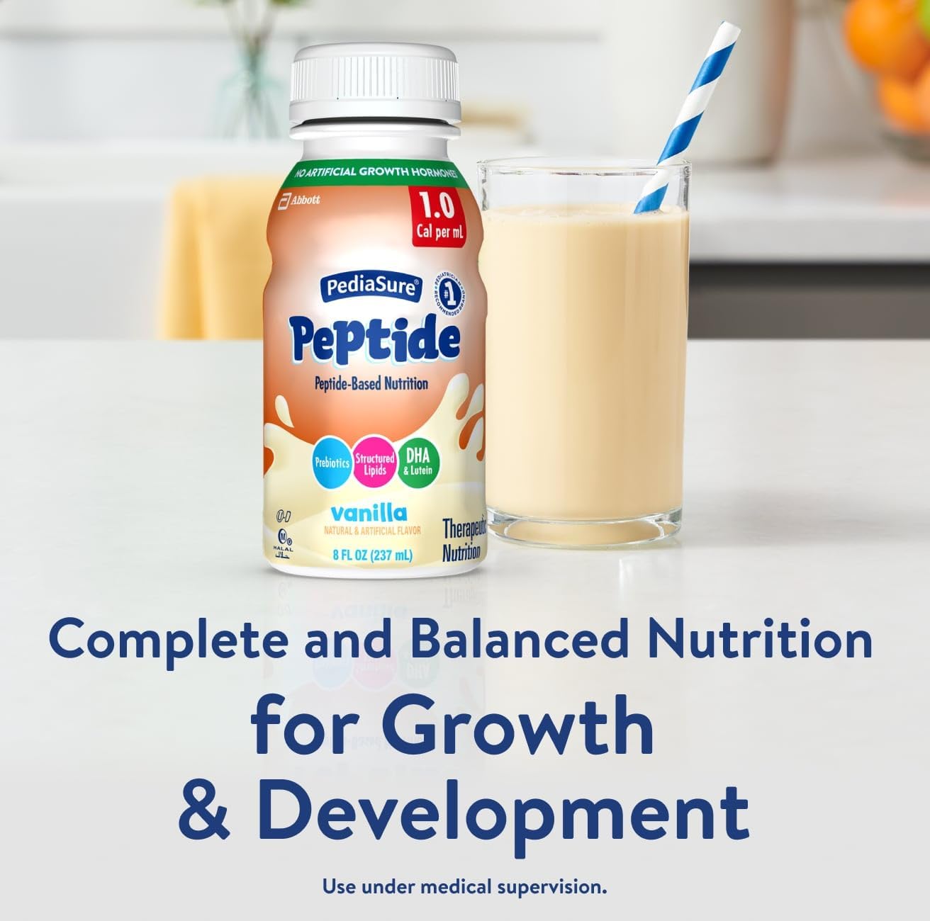 PediaSure Peptide 1.0 Cal vanilla bottle with drinking glass
