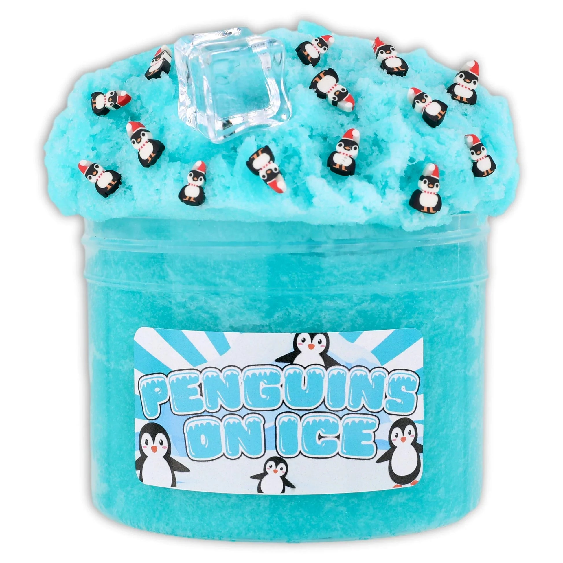 Aqua ice slime tub with clear lid and penguin figures on blue gel
