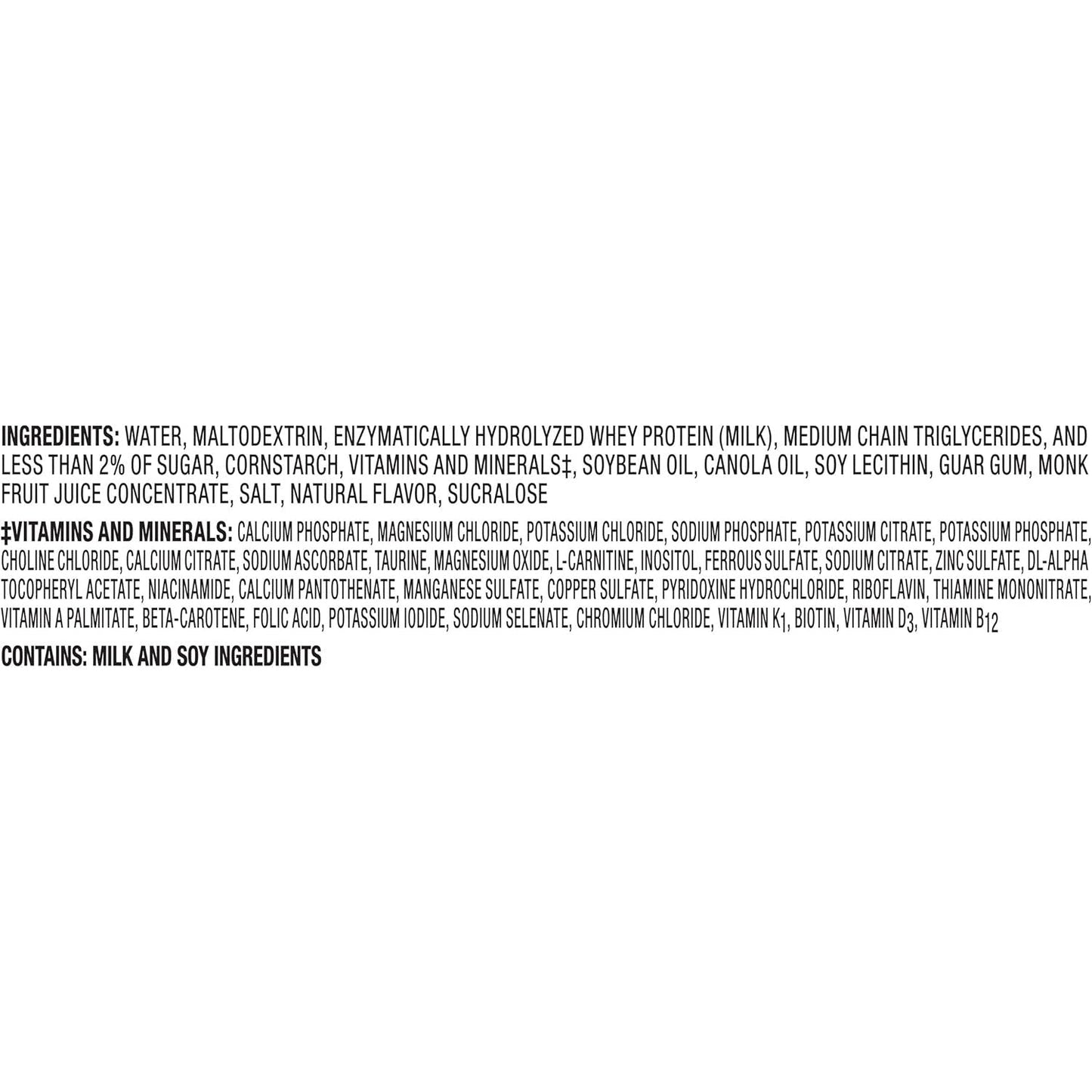 Ingredients list for Peptamen Junior 1.0 Cal vanilla pediatric formula carton label
