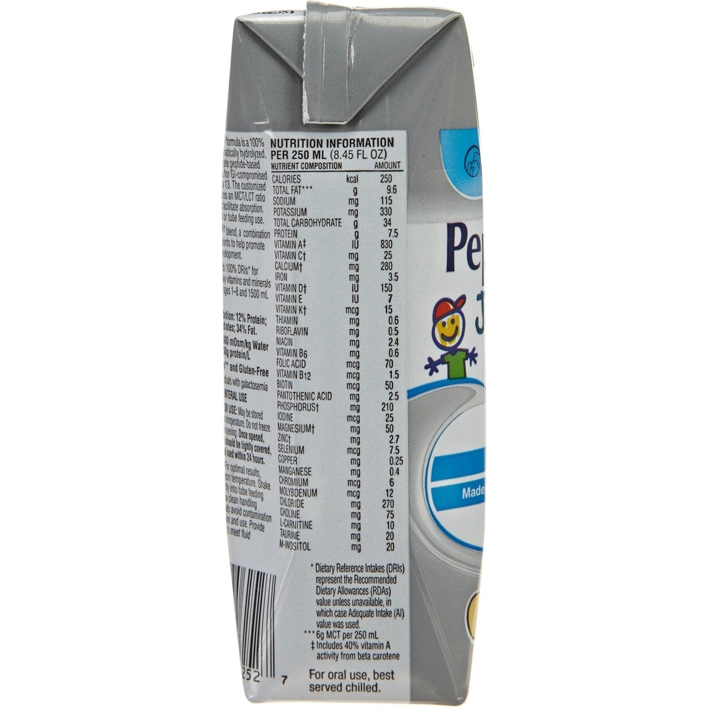 Peptamen Junior 1.0 Cal vanilla nutrition facts on side of carton, 250 mL