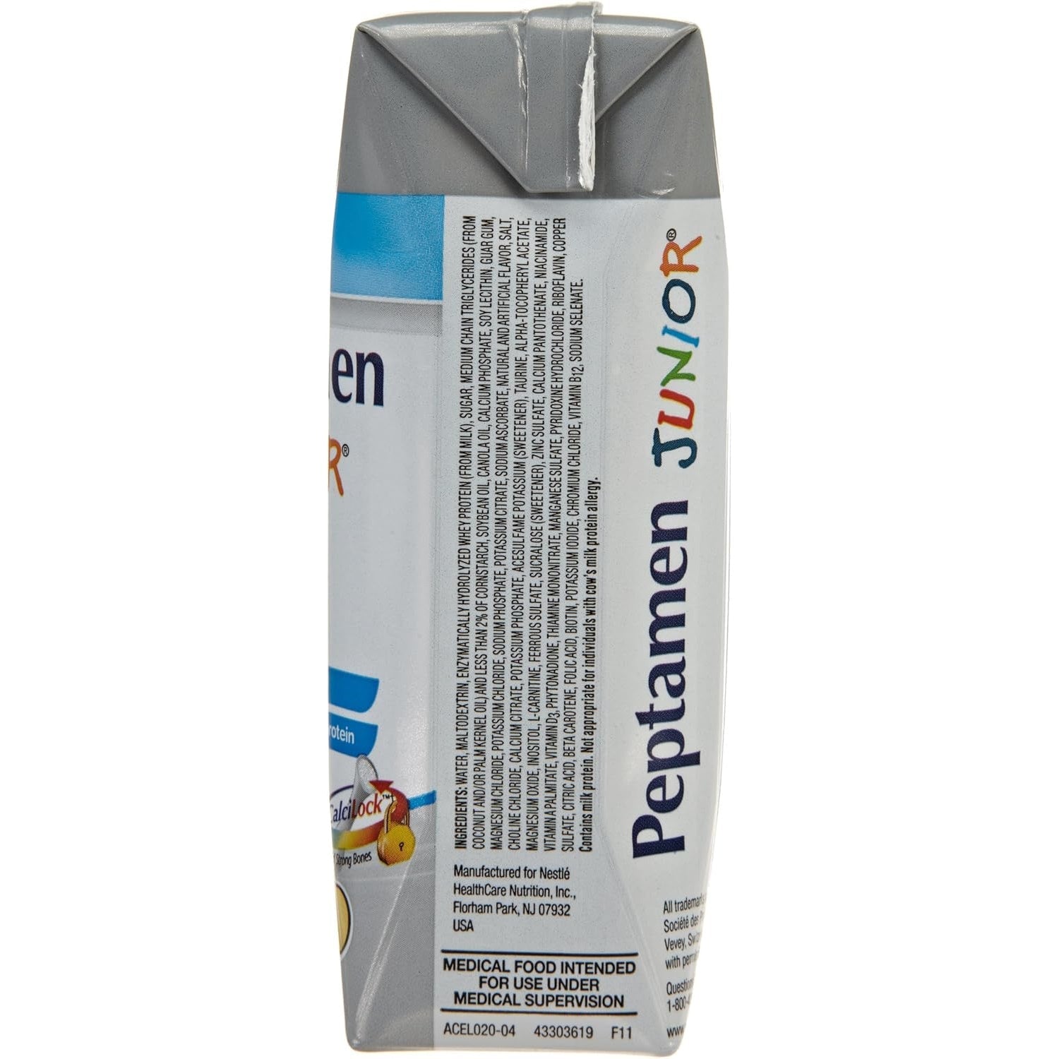 Peptamen Junior 1.0 Cal vanilla product side panel with barcode and quality info