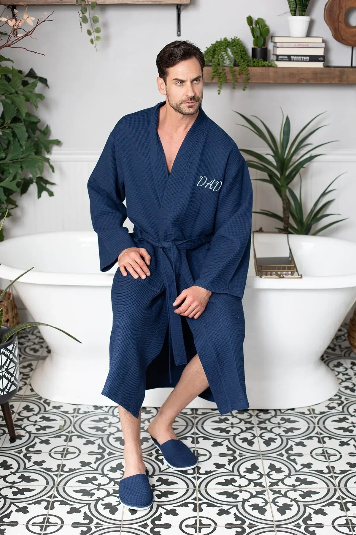 Men's waffle bathrobe, navy blue, V-neck with tie belt, long sleeves
