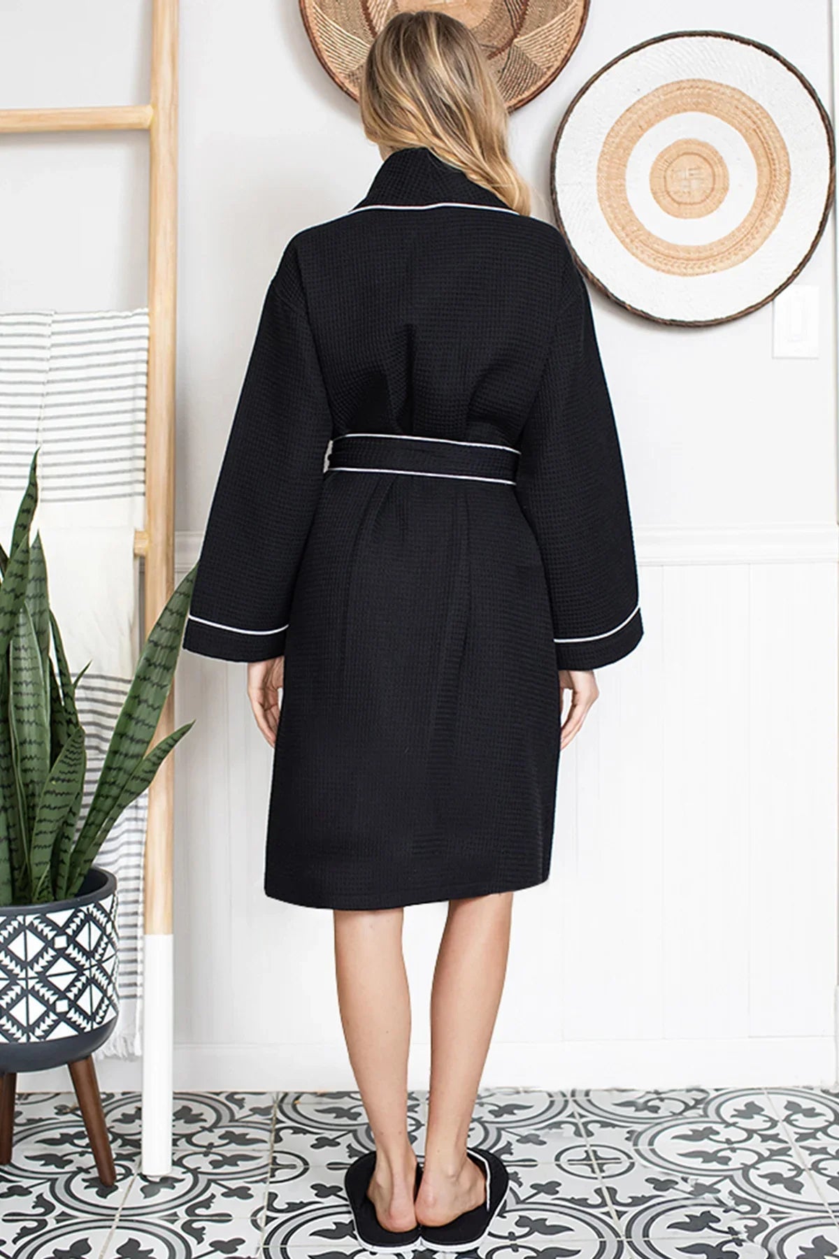 Women’s knee-length waffle robe, black with white belt and long sleeves