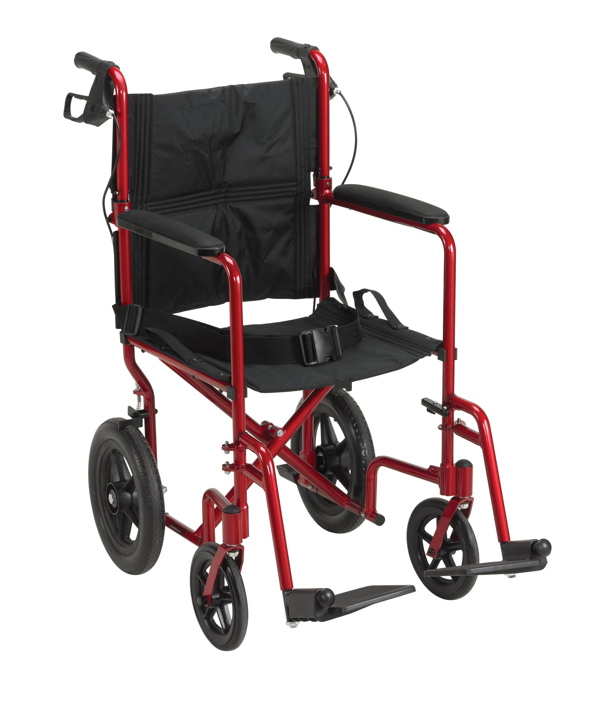 Red transport wheelchair with black seat, armrests, and hand brakes