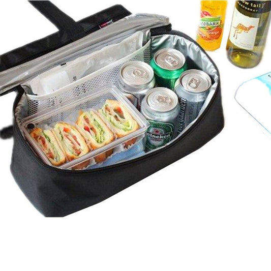 Black insulated picnic cooler bag with open top, mesh pocket, and cans inside