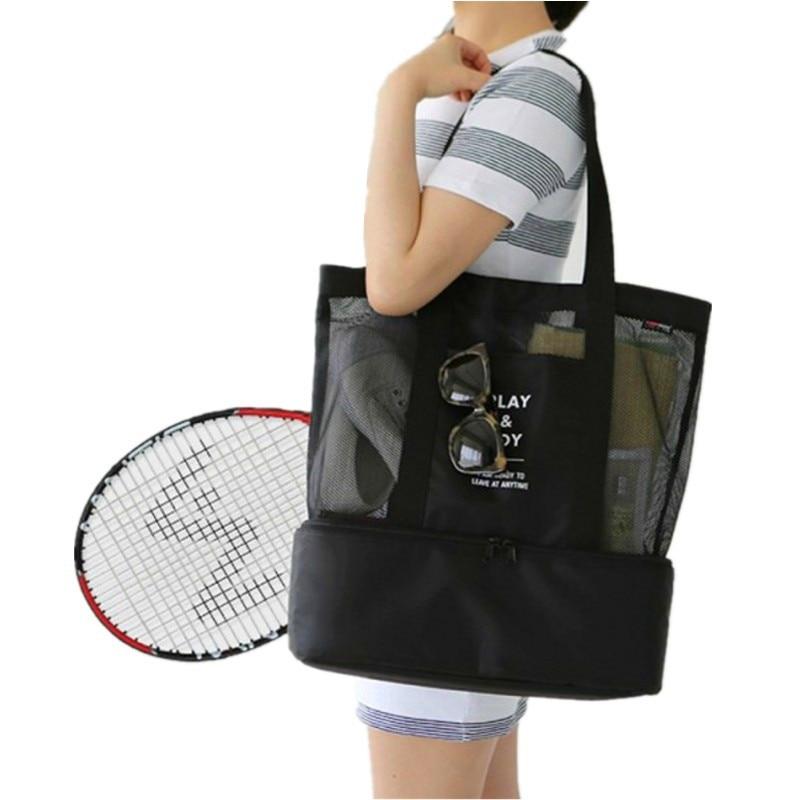 Black insulated cooler tote with mesh panels and top carry handles