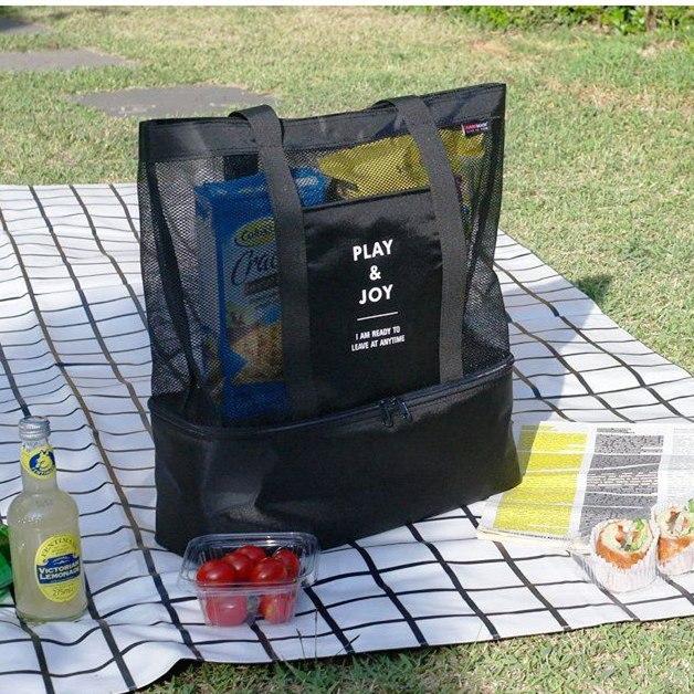 Black insulated cooler tote bag with printed panel, measurement layout