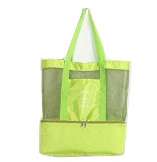 Green insulated cooler tote with mesh side panels and top carry handles