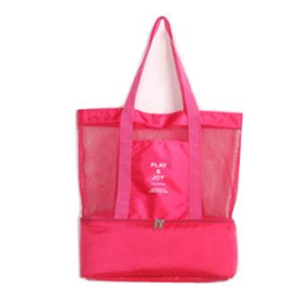 Pink insulated cooler tote with mesh side panels and top carry handles