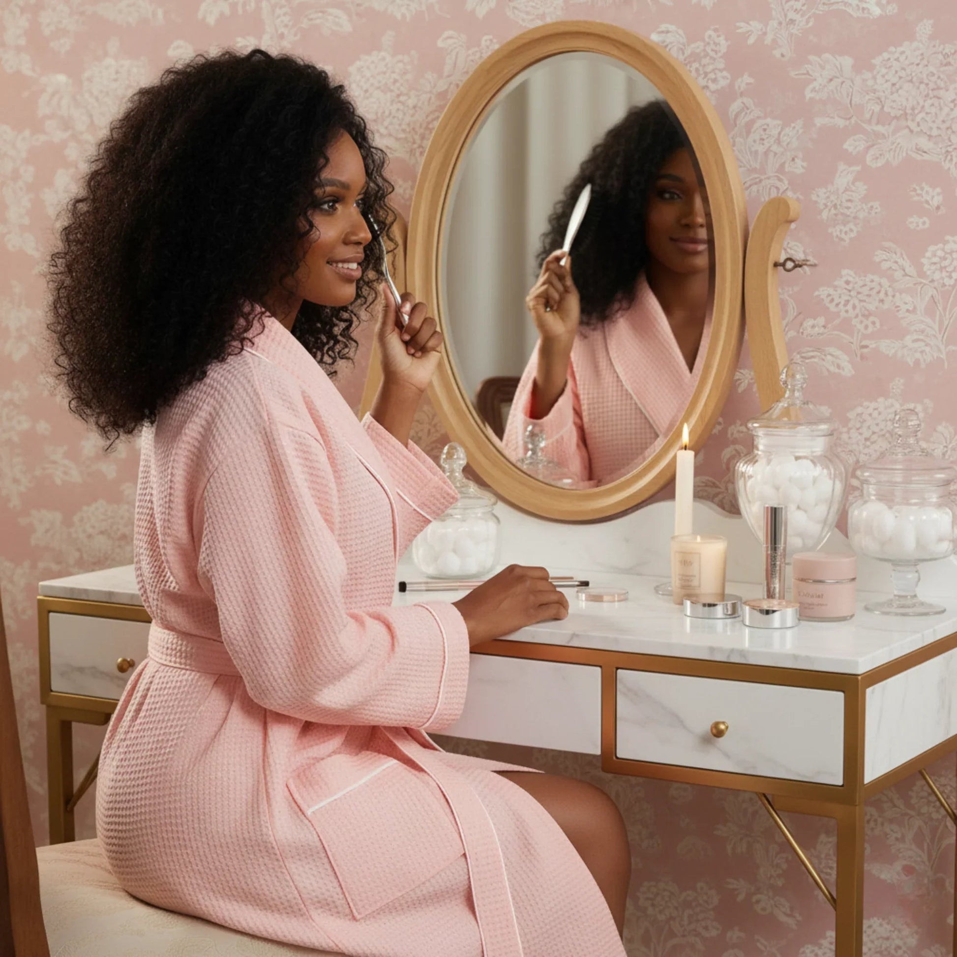 Women’s waffle bathrobe with white piping, blush-pink robe on a person seated.