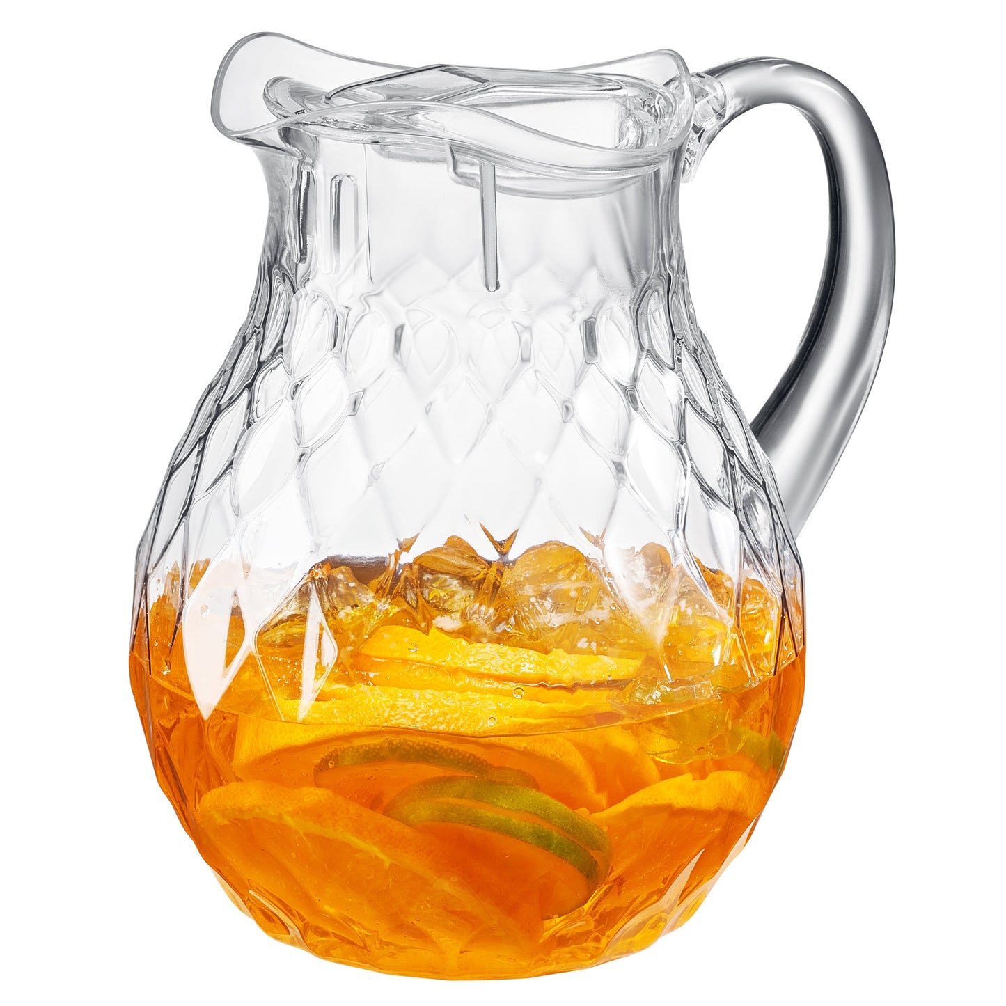 Clear-handled acrylic pitcher with diamond-pattern body, filled with amber citrus drink