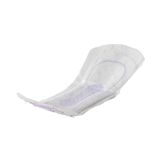 Very light regular incontinence liner, white pad with adhesive tabs and blue guide
